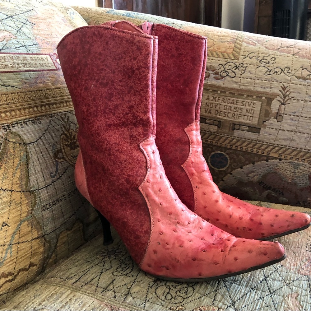 Red/pink ostrich leather boots
